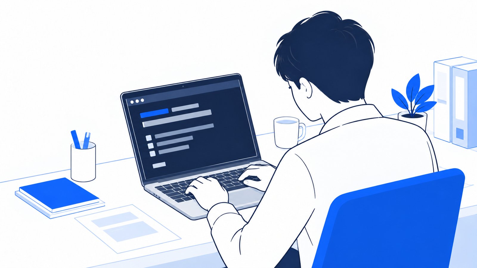 開発担当者がノートPCのターミナルでClaude Codeにログインしている場面を、斜め後ろから見た構図