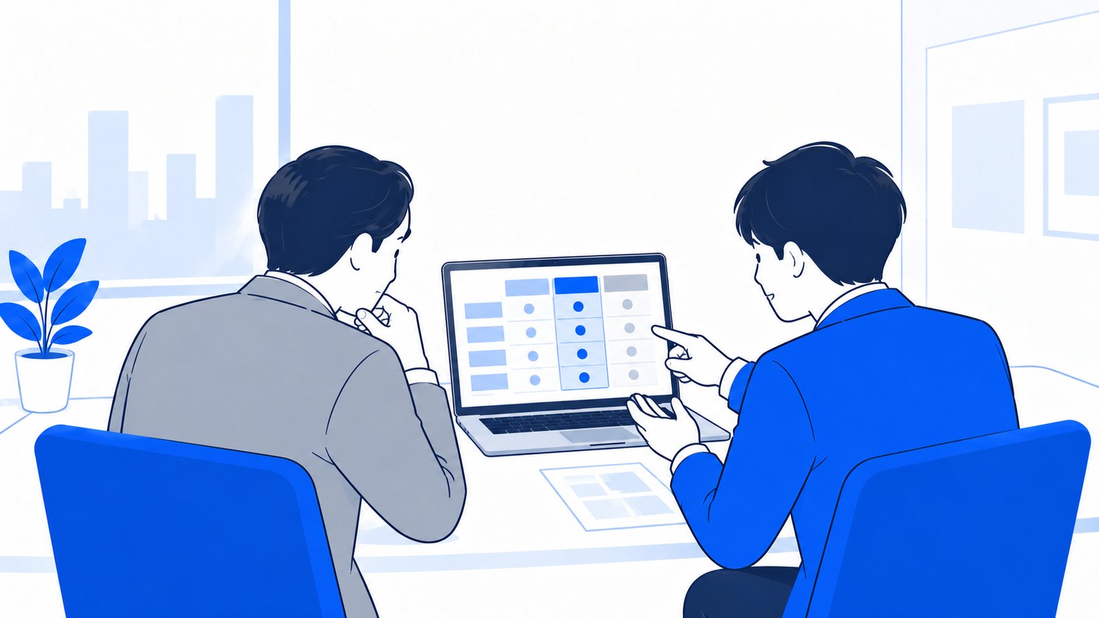 会議室で経営者と情報システムの担当者がノートPCに映したプランの比較表を見ながら相談している場面