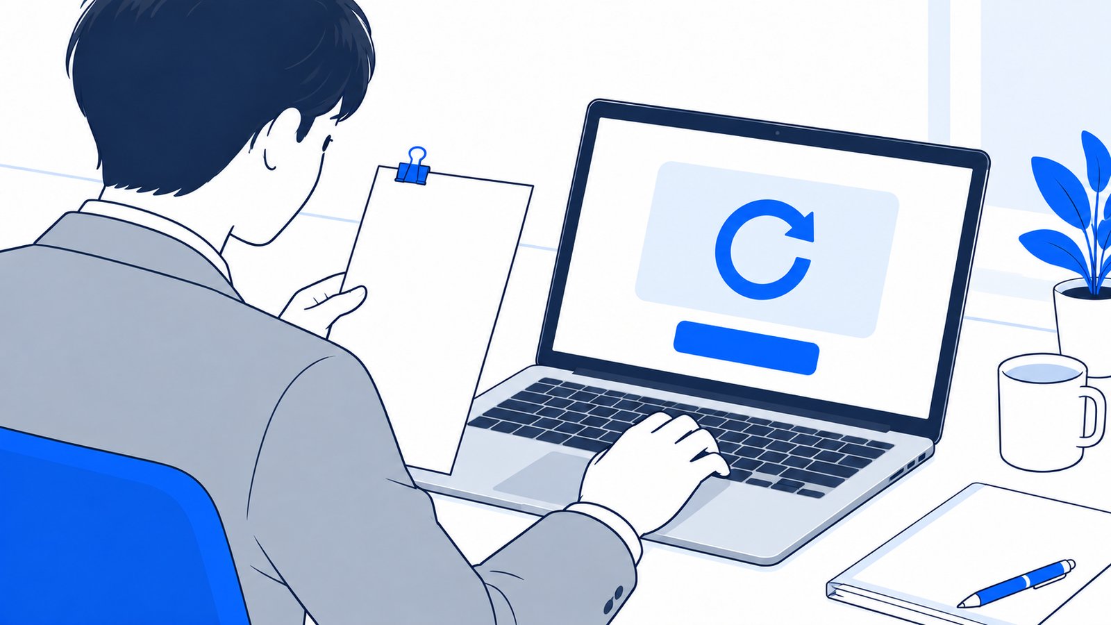 ノートPCの画面で更新の通知を確かめる会社員