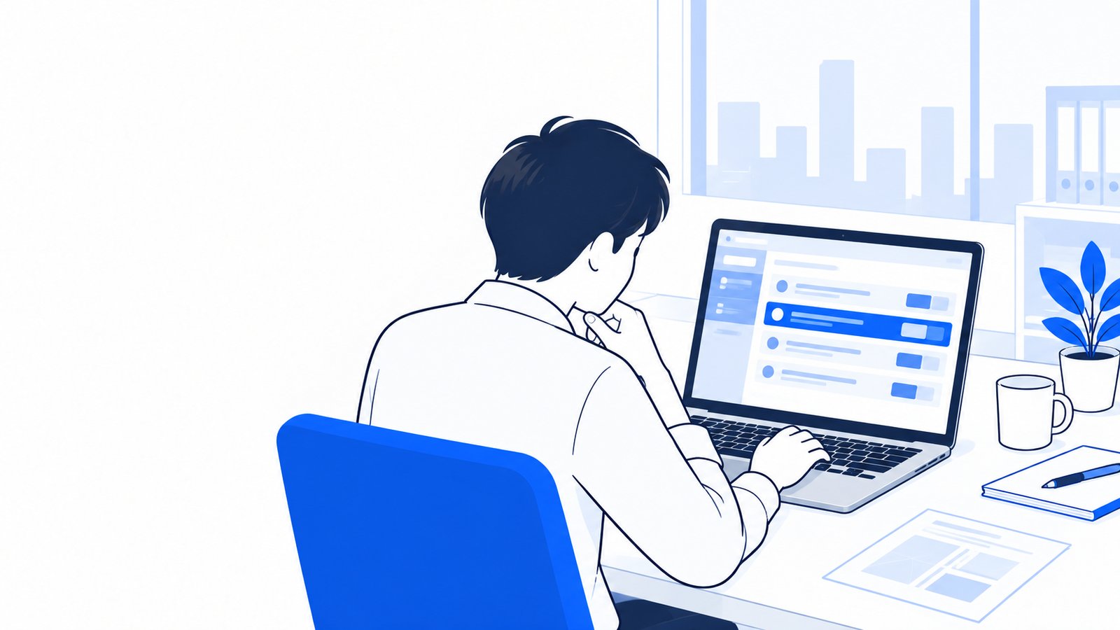 ターミナルの画面に表示されたバージョン番号を確かめる会社員