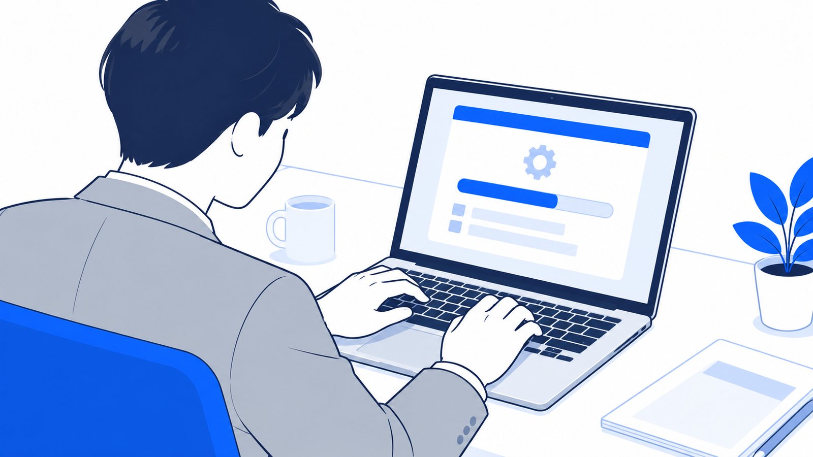 ノートPCでコマンドを入力して更新を実行する手元