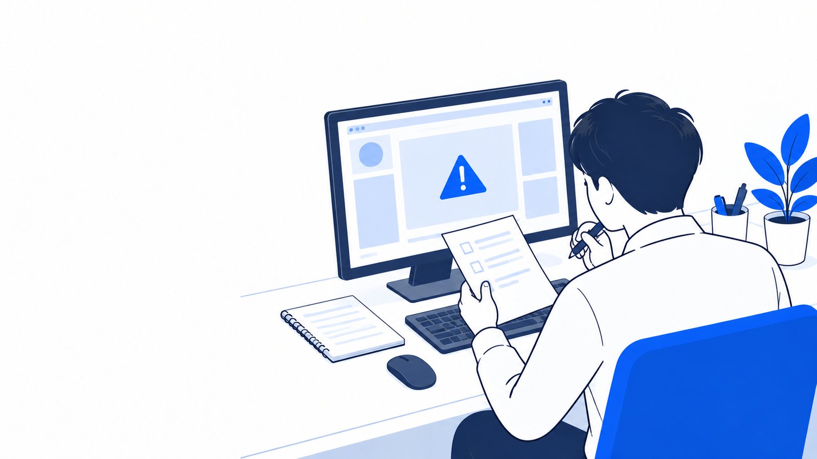 エラーの表示を前に、メモを見ながら原因を探す会社員