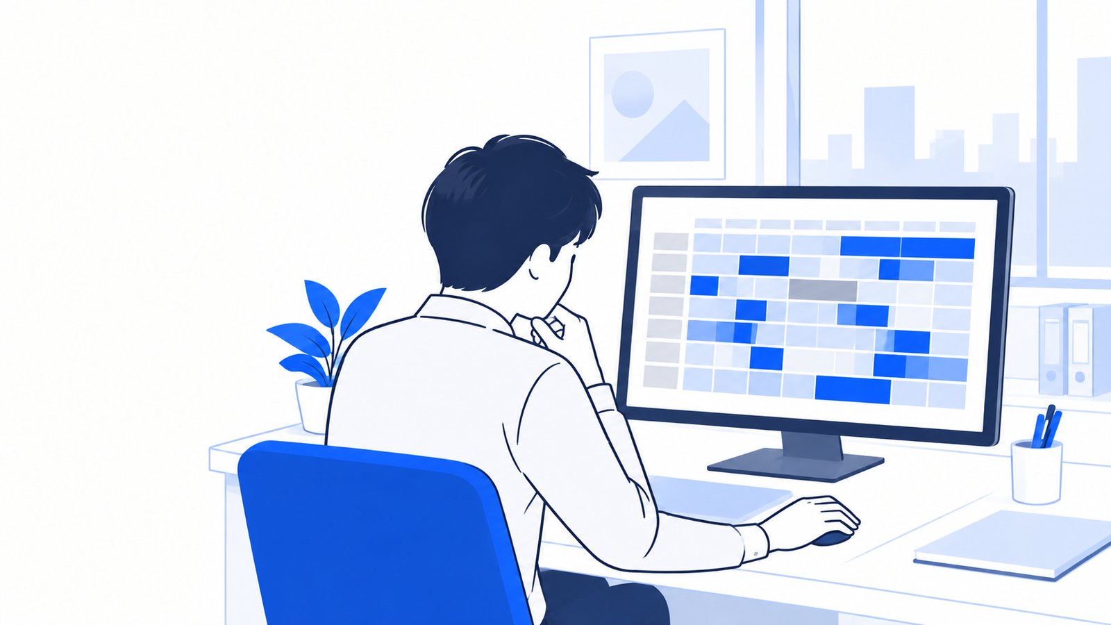 会話の長さを示す色つきの格子の画面を、肩越しに見ながら確かめる担当者