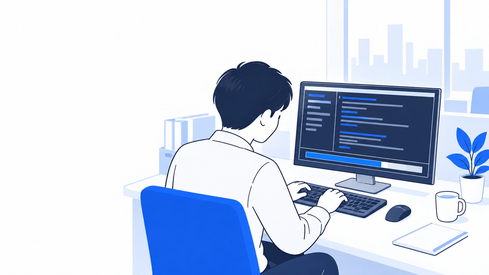 画面の下に使用率が常に表示されたターミナルを使って作業する会社員