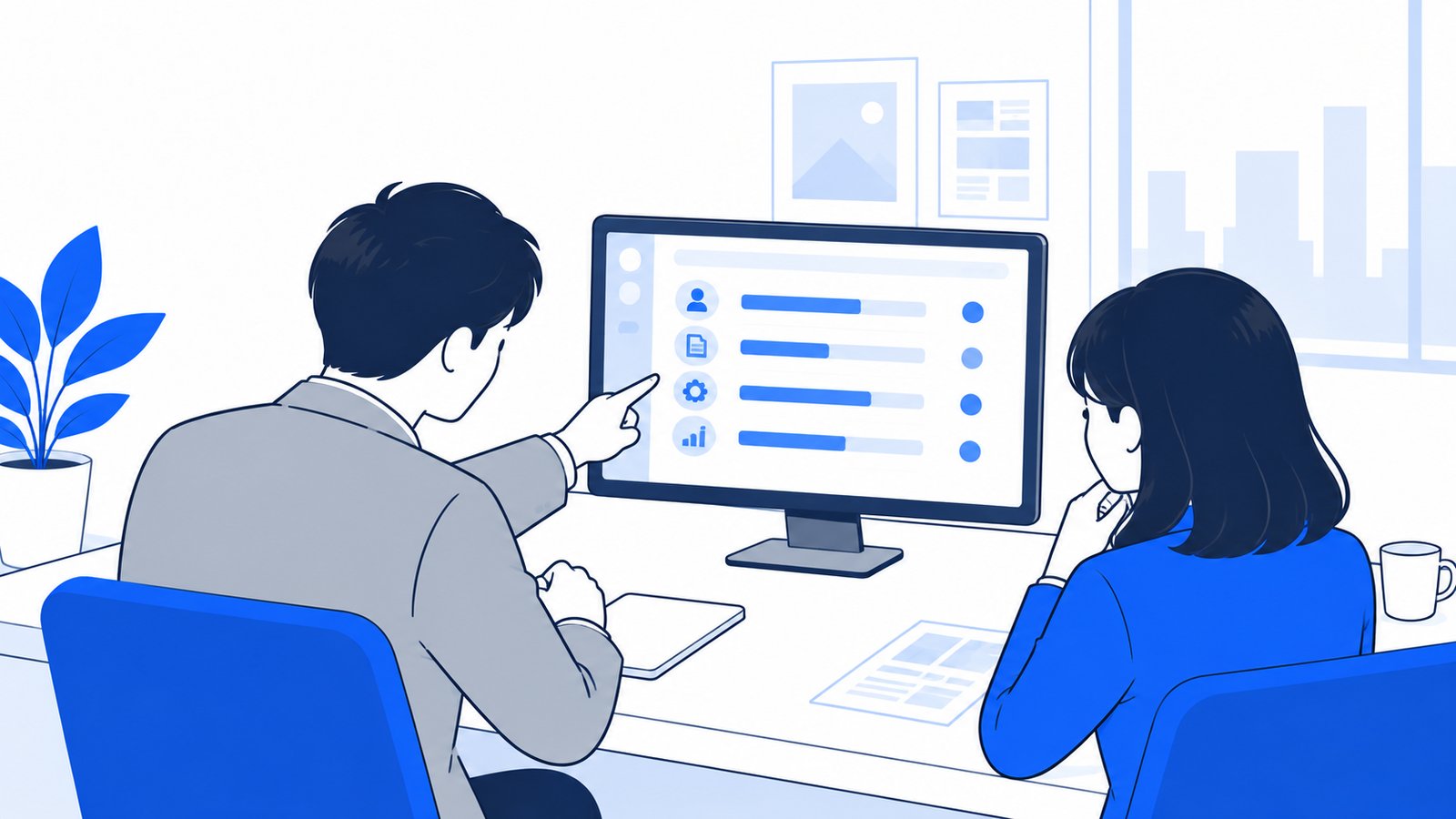 会議室で、利用状況の一覧を画面で確認しながら話し合う管理者と担当者