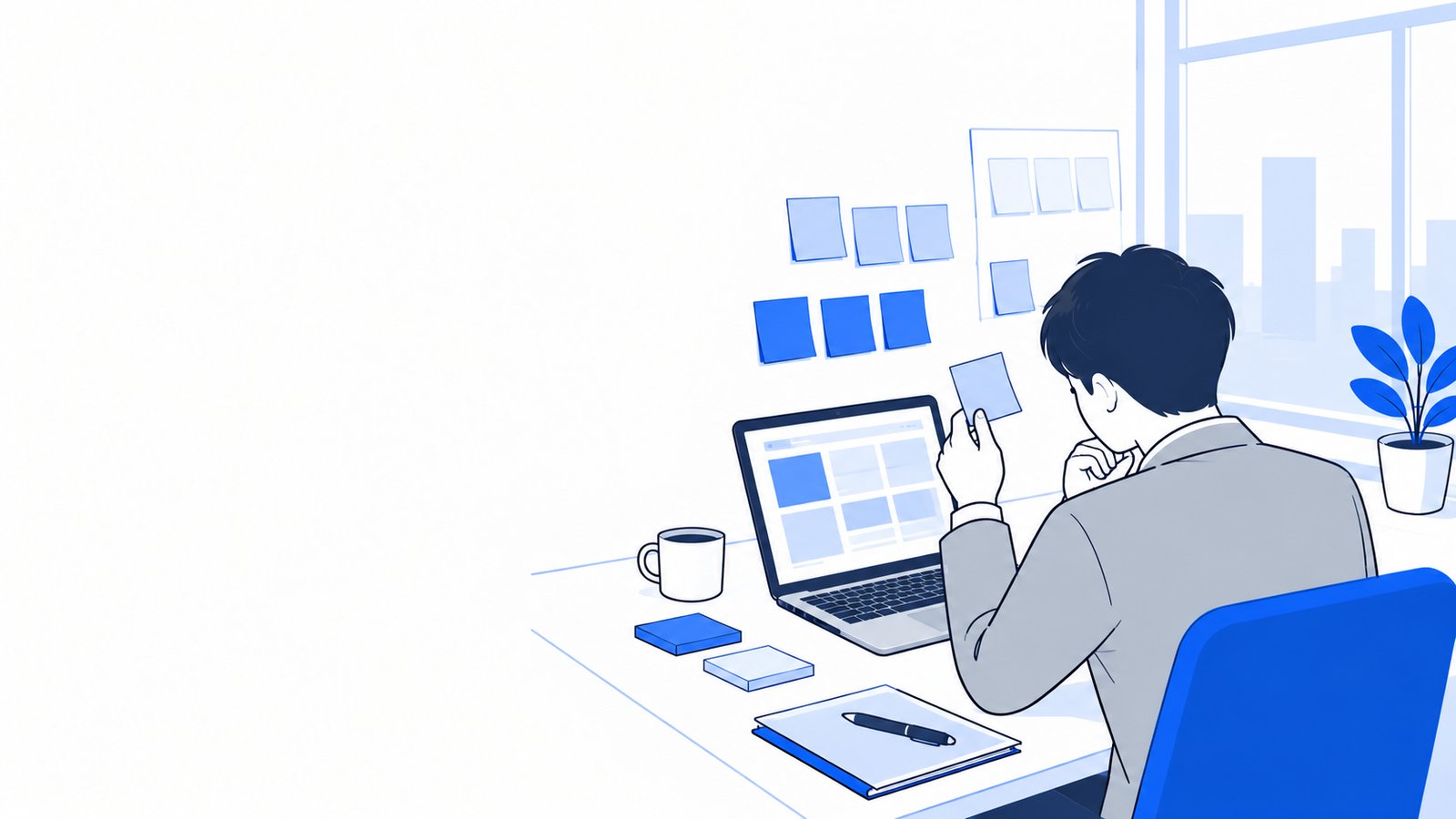 会社員がデスクのノートPCに向かい、仕事の種類を書いた付箋を見比べている場面