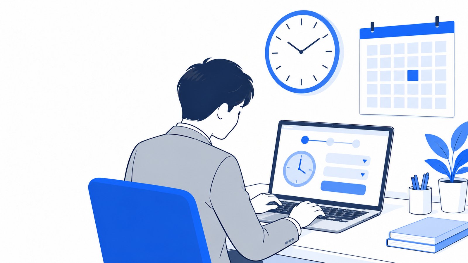 壁掛けの時計とカレンダーの前で、担当者がノートPCで実行する時間を設定している場面