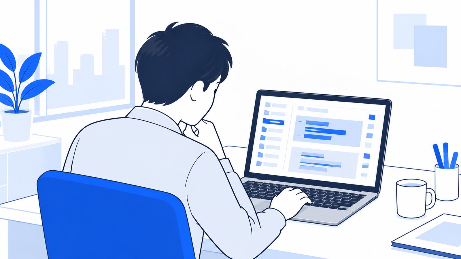 ノートPCでプログラムの変更箇所の一覧を確認している担当者の場面