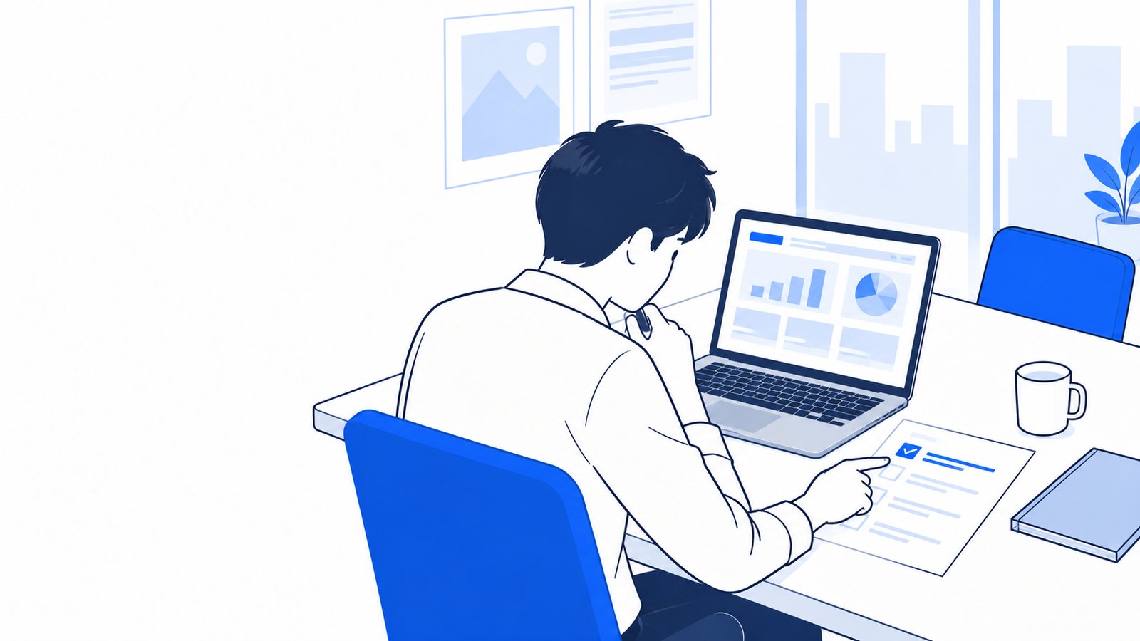 会議机で、担当者がノートPCと手書きの手順メモを見ながら、最初に試す仕事を選んでいる場面