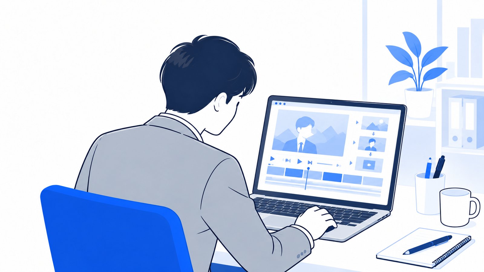 ノートPCの画面で動画の編集手順を確認している会社員