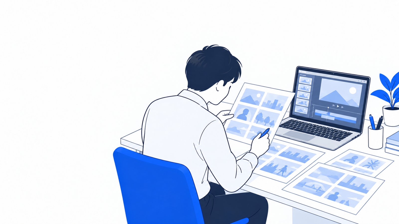 動画から書き出した場面の画像を机に並べて内容を確かめている担当者