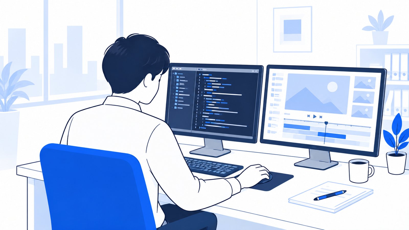 コードの画面と動画のプレビューを並べて確認している担当者
