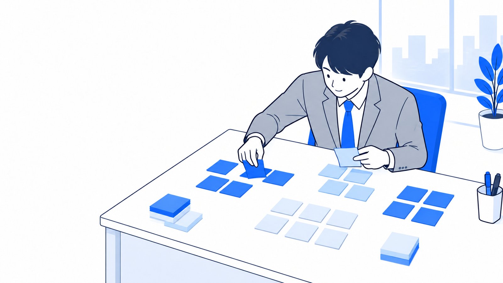 用途を書いた付箋を机の上で分けて並べている担当者