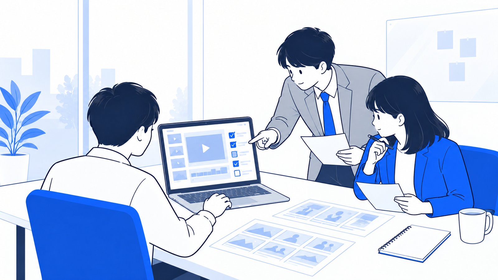 会議室で動画の確認項目を見直している担当者たち