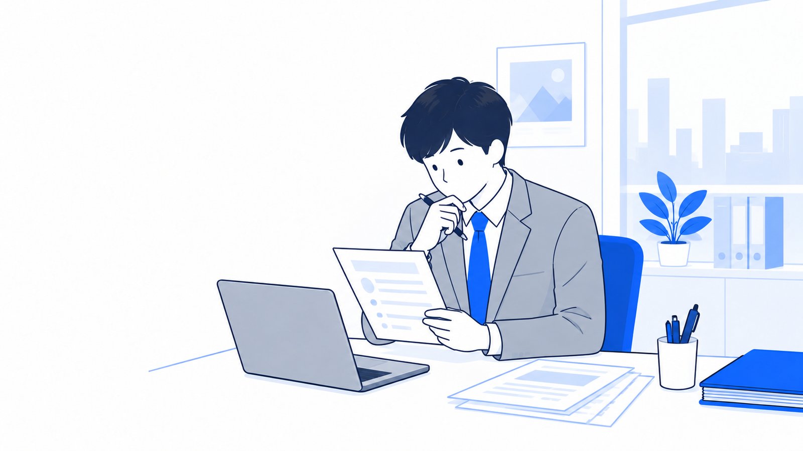 メモを見ながら、これから話す依頼の内容を整理している会社員