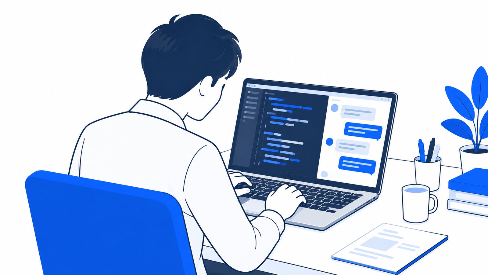 社員がノートPCでコードエディタを開き、画面の右側のチャット欄でAIとやりとりしている様子を肩越しに見た場面