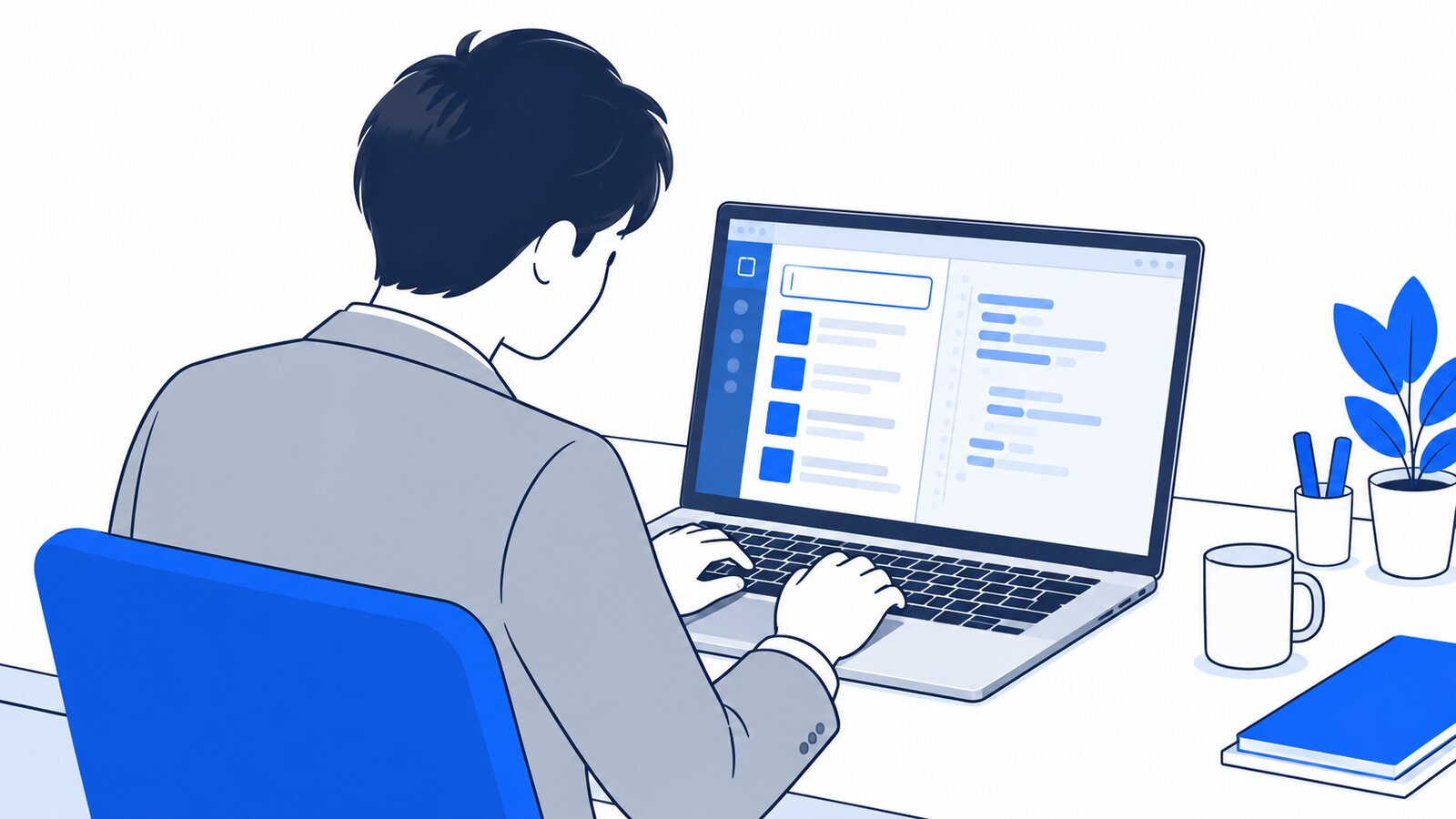 社員がノートPCのコードエディタで拡張機能の一覧を開き、検索欄に入力している様子を肩越しに見た場面