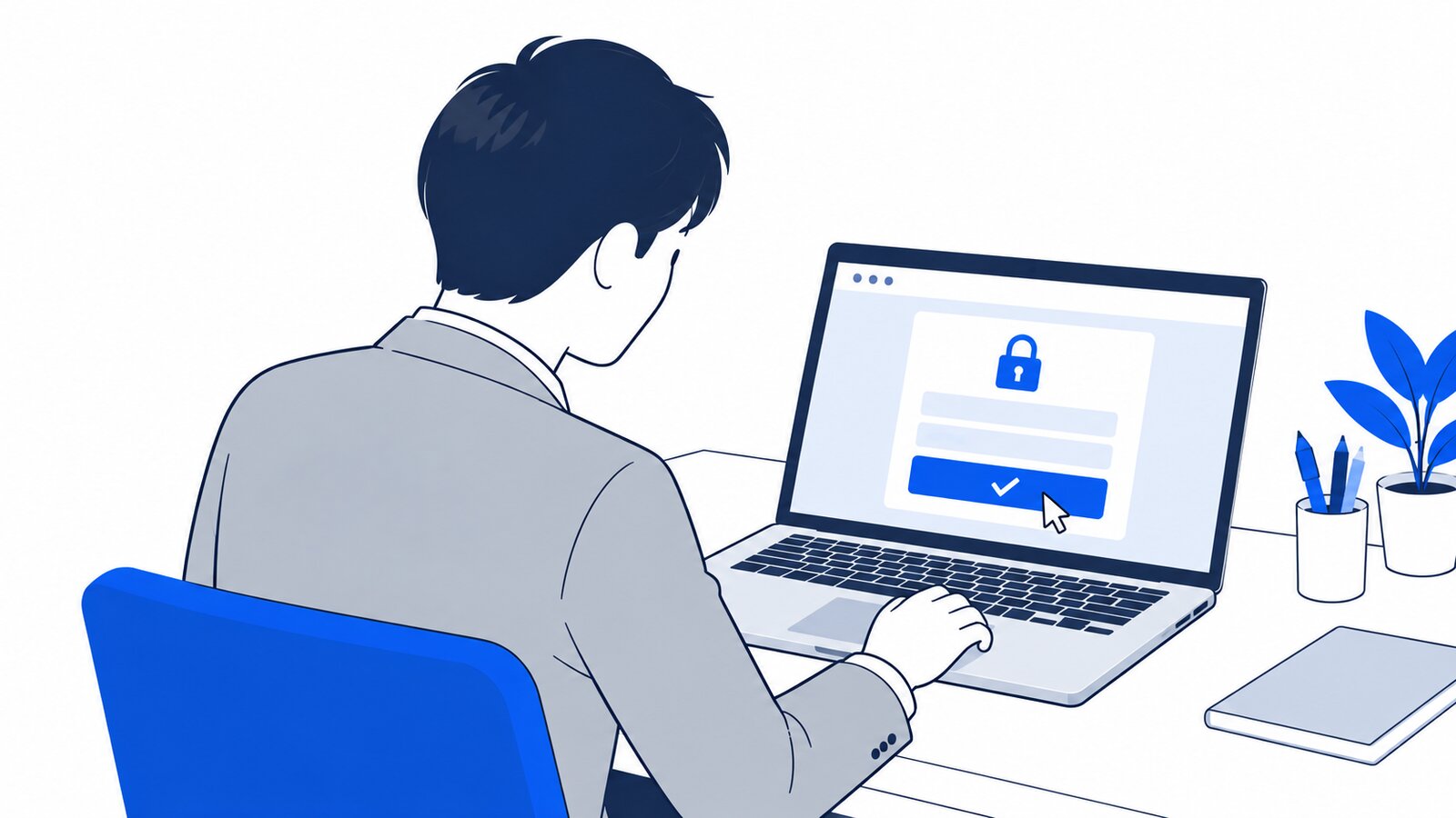 社員がノートPCのブラウザでログインの承認ボタンを押している様子を肩越しに見た場面