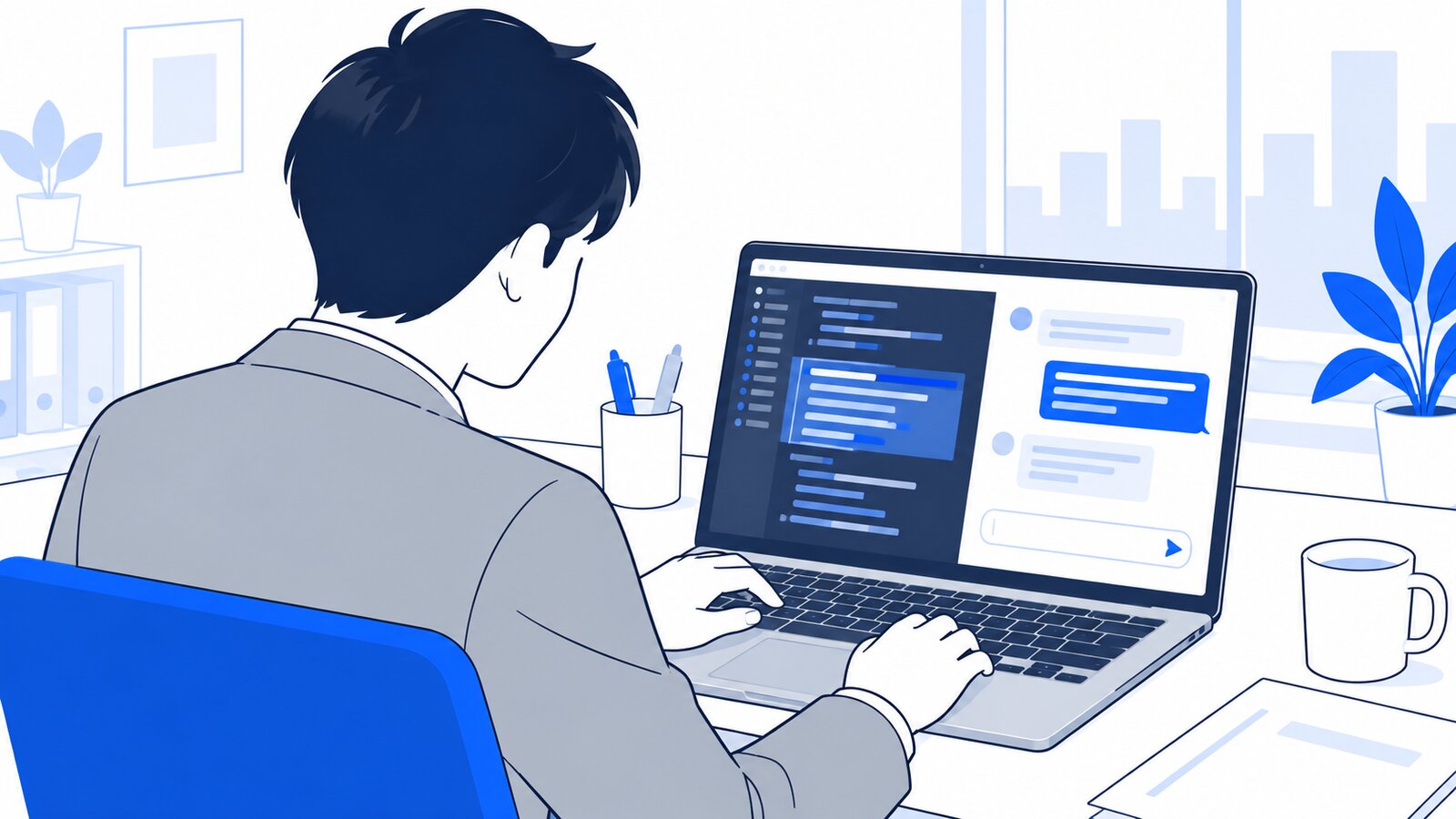 社員がノートPCのエディタでコードの一部を選択し、横のチャット欄で質問している様子を肩越しに見た場面
