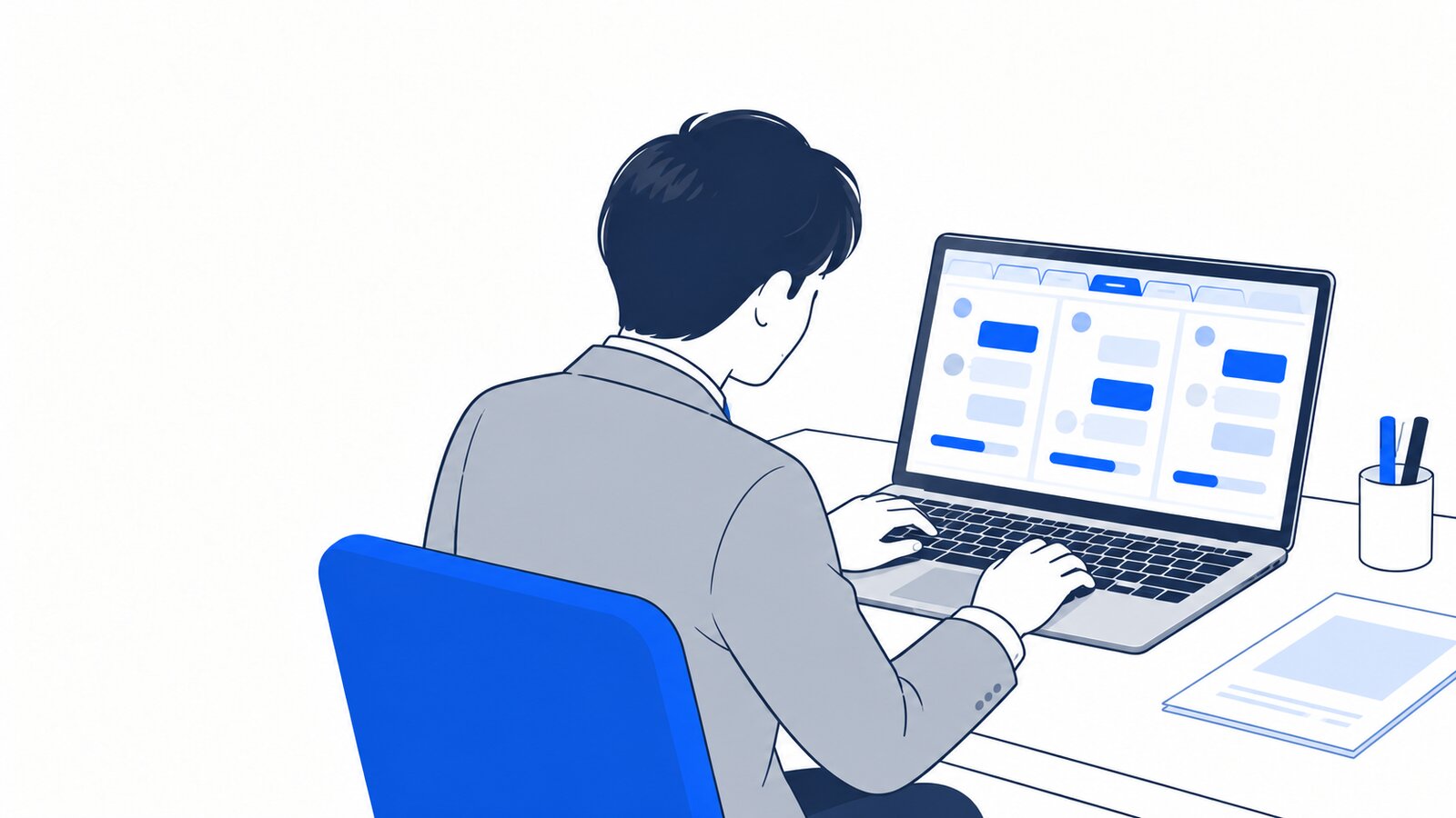 社員がノートPCのエディタで複数のタブを開き、それぞれのチャットの進み具合を確認している様子を肩越しに見た場面