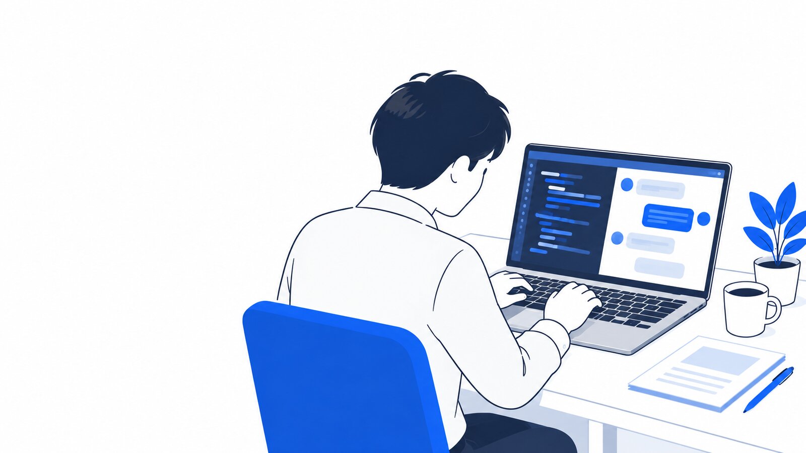 社員がキーボードでショートカットを押しながら、ノートPCのエディタとチャット欄を行き来している場面