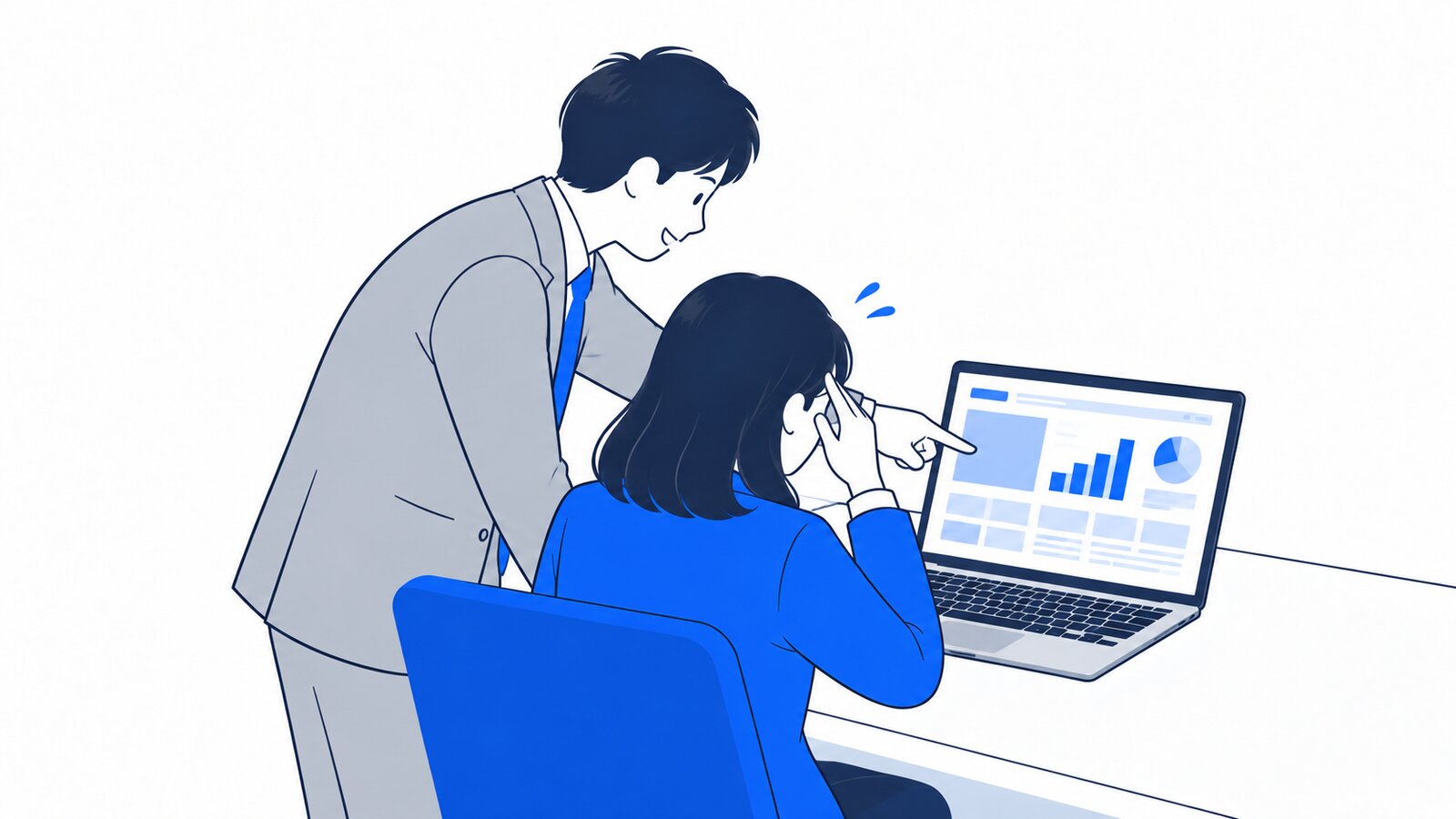 ノートPCの前で困っている社員の横で、同僚が画面を指さしながら対処法を説明している場面