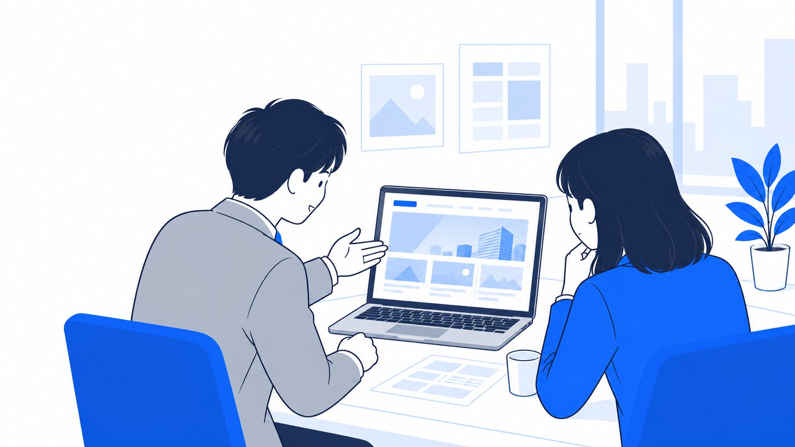 会社員がノートPCに表示された会社案内のホームページ案を、同僚に見せながら説明している様子