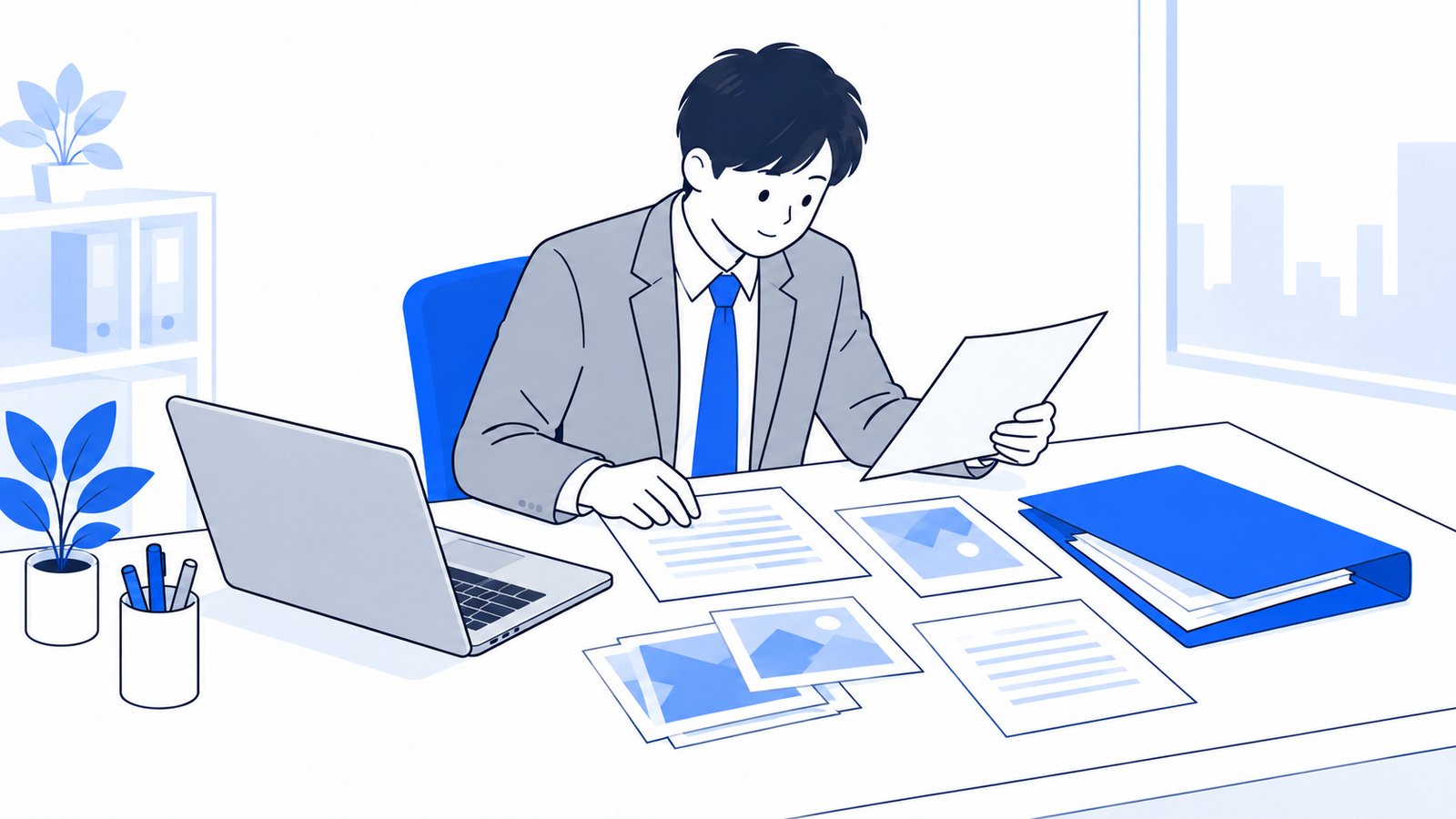 机の上に原稿のメモ、写真、ノートPCを並べて、作業用のフォルダに入れるものを確かめている担当者