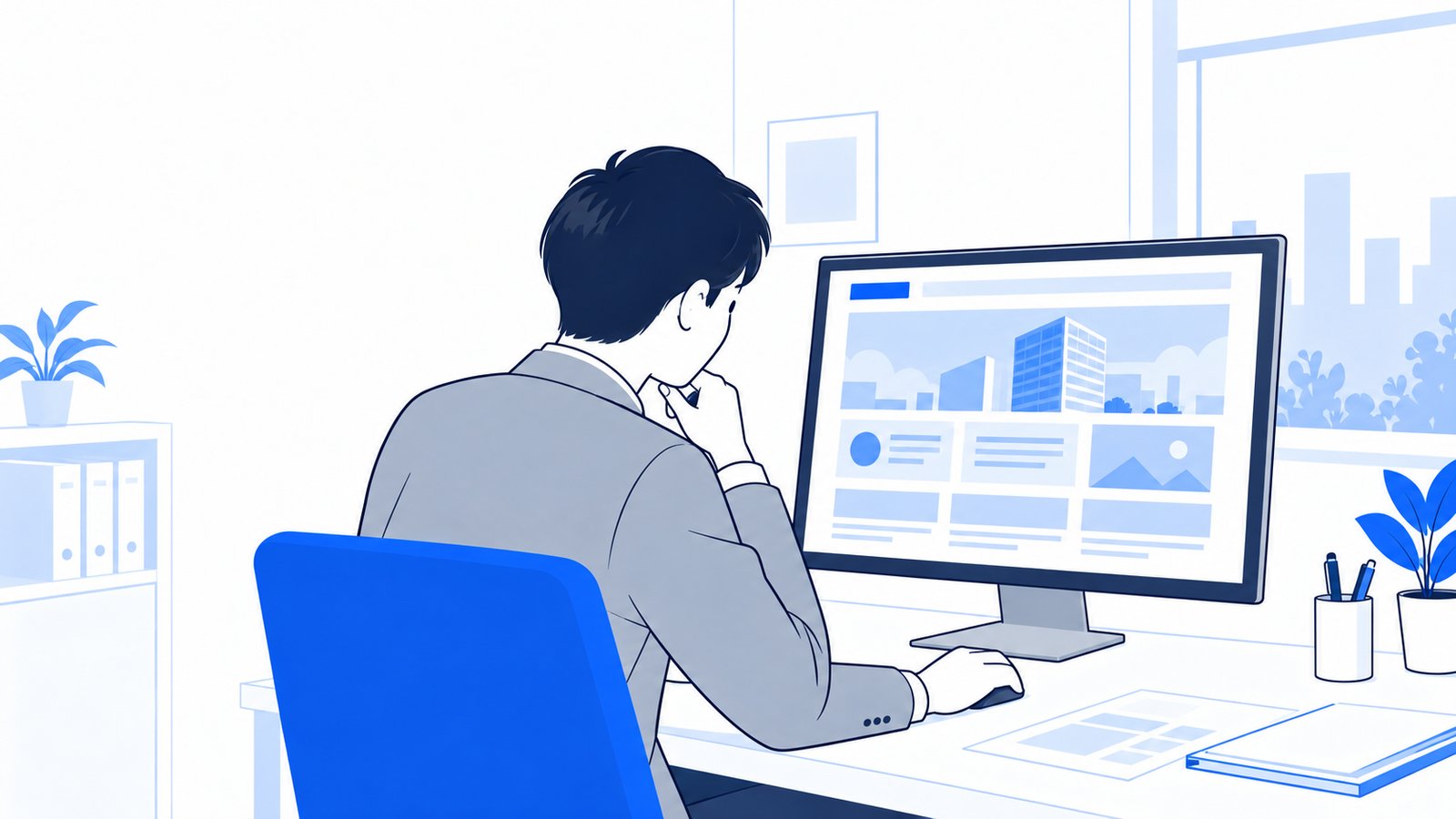 ブラウザに表示された会社案内のページを、担当者が画面に向かって確認している様子