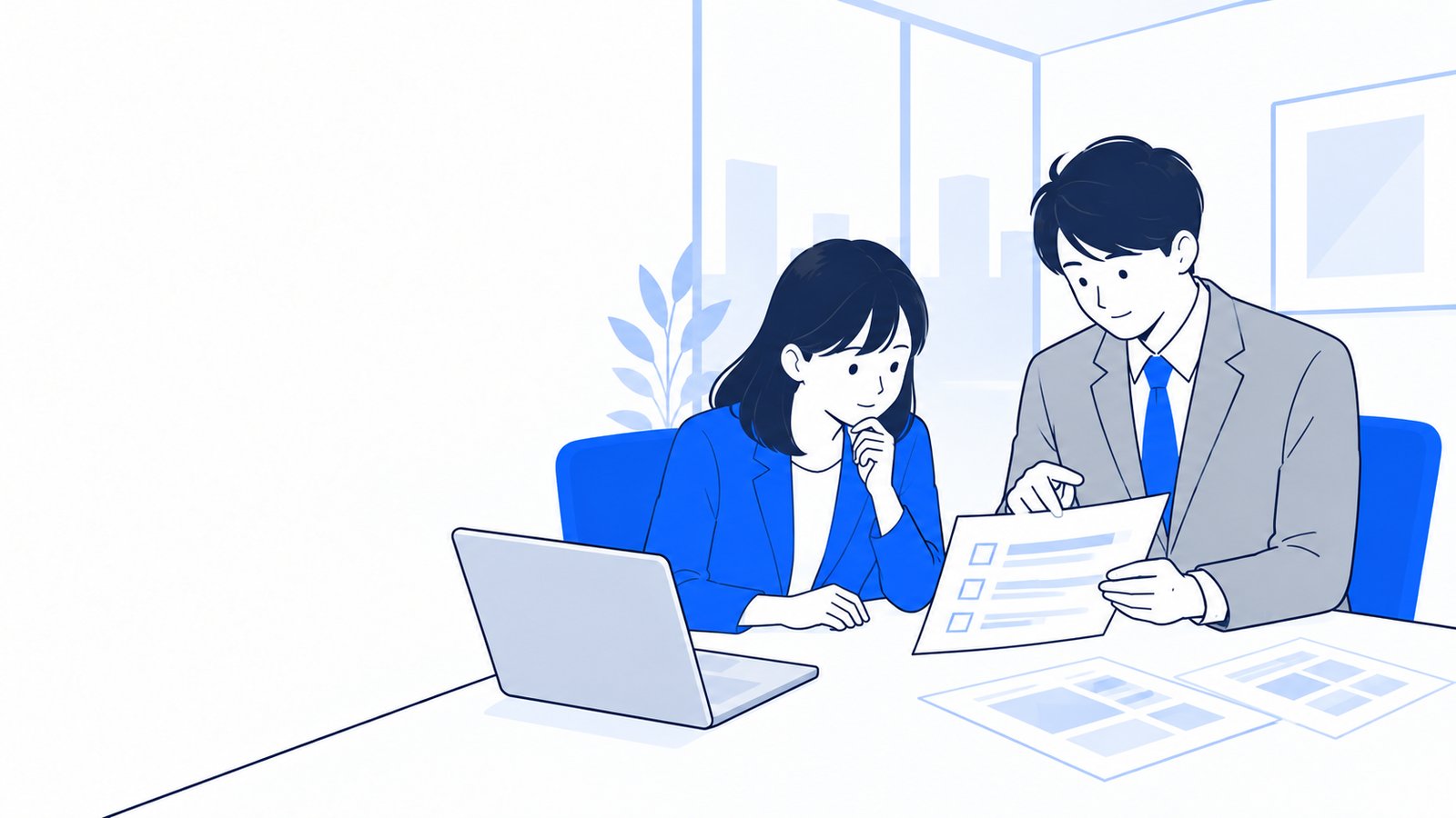 会議室で、担当者と上司がホームページの公開前の注意点のメモを見ながら相談している様子