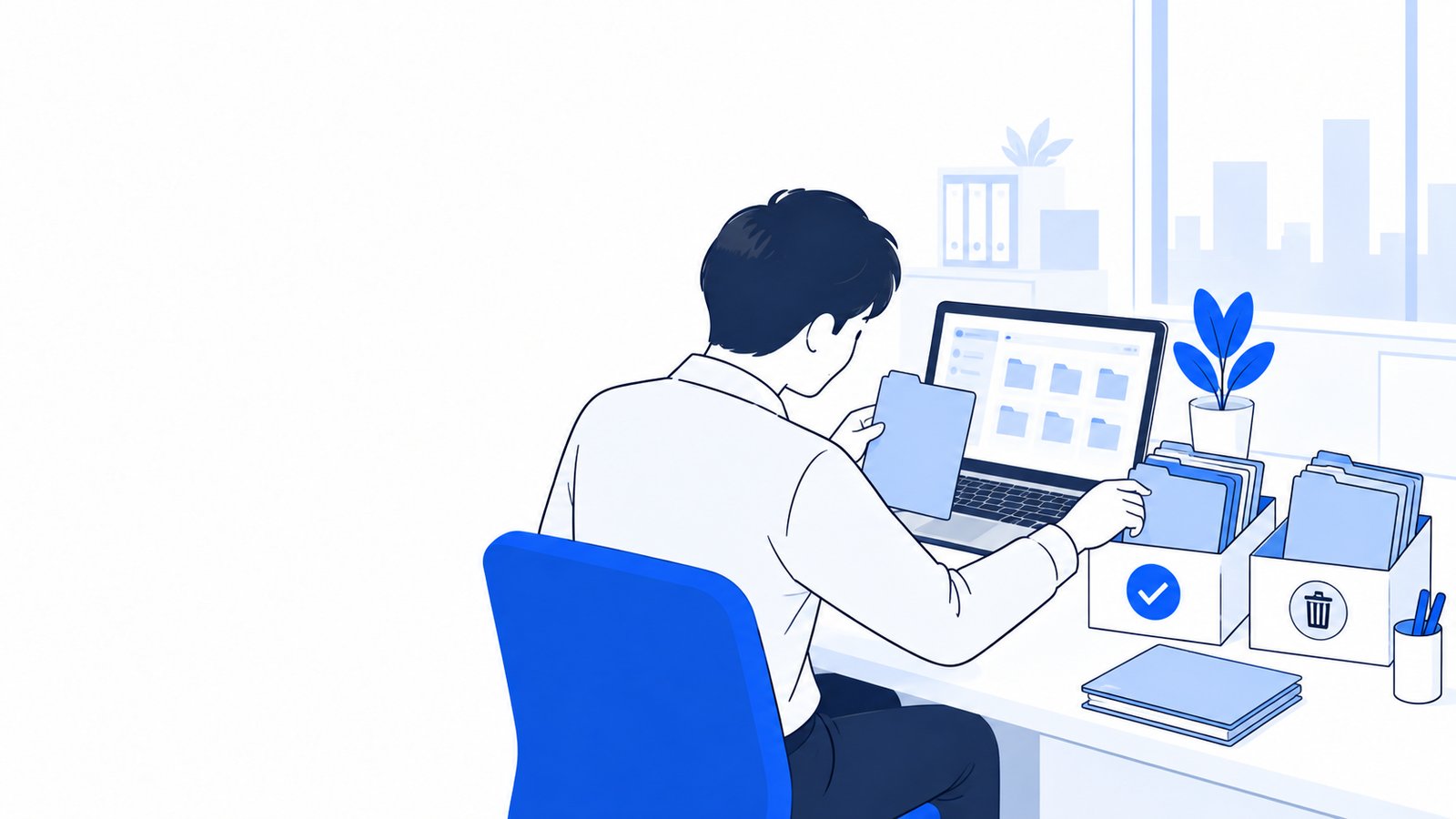 終わった作業のフォルダを確認しながら、残すものと消すものを分ける担当者