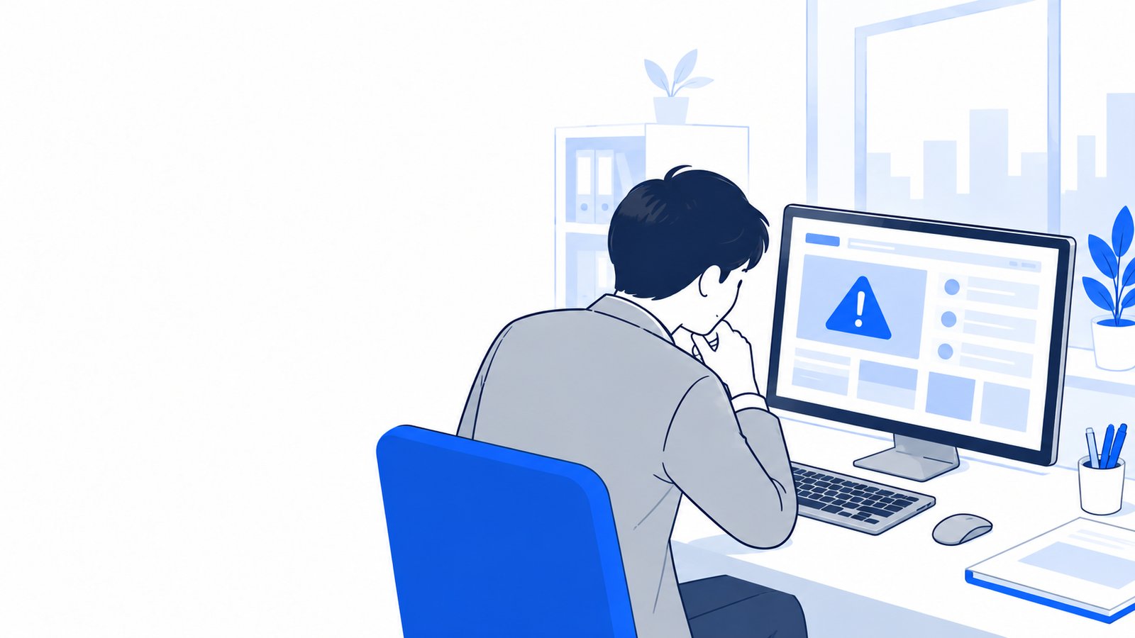 エラーの表示を見ながら、原因を調べる担当者