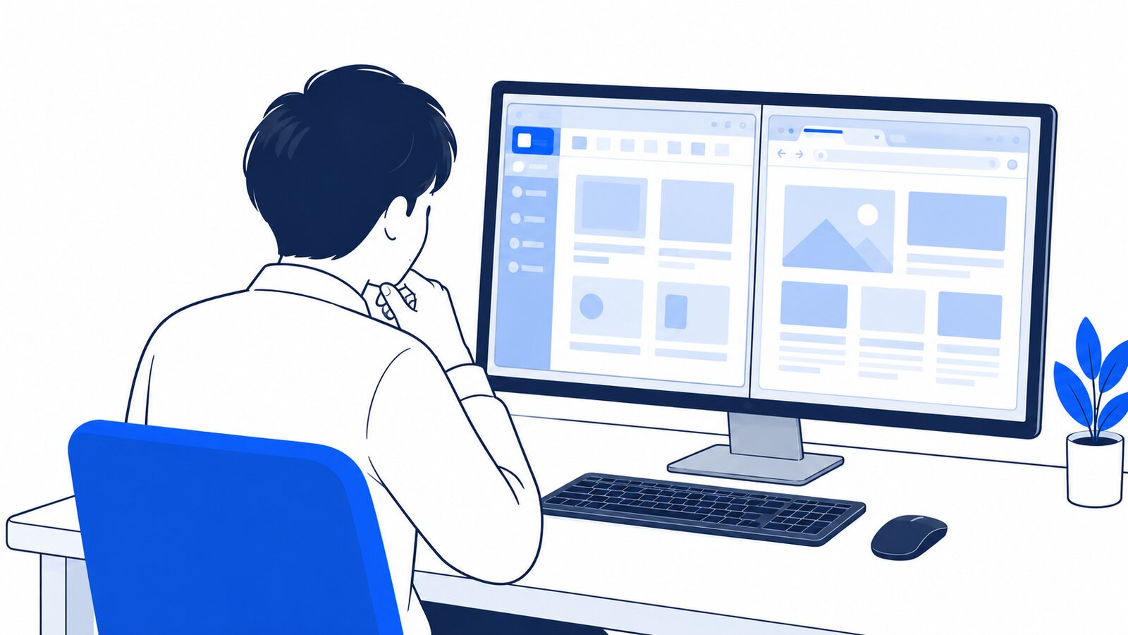 デスクトップアプリとブラウザを並べたPCを前に、どちらを使うか考える会社員を肩越しに見た様子