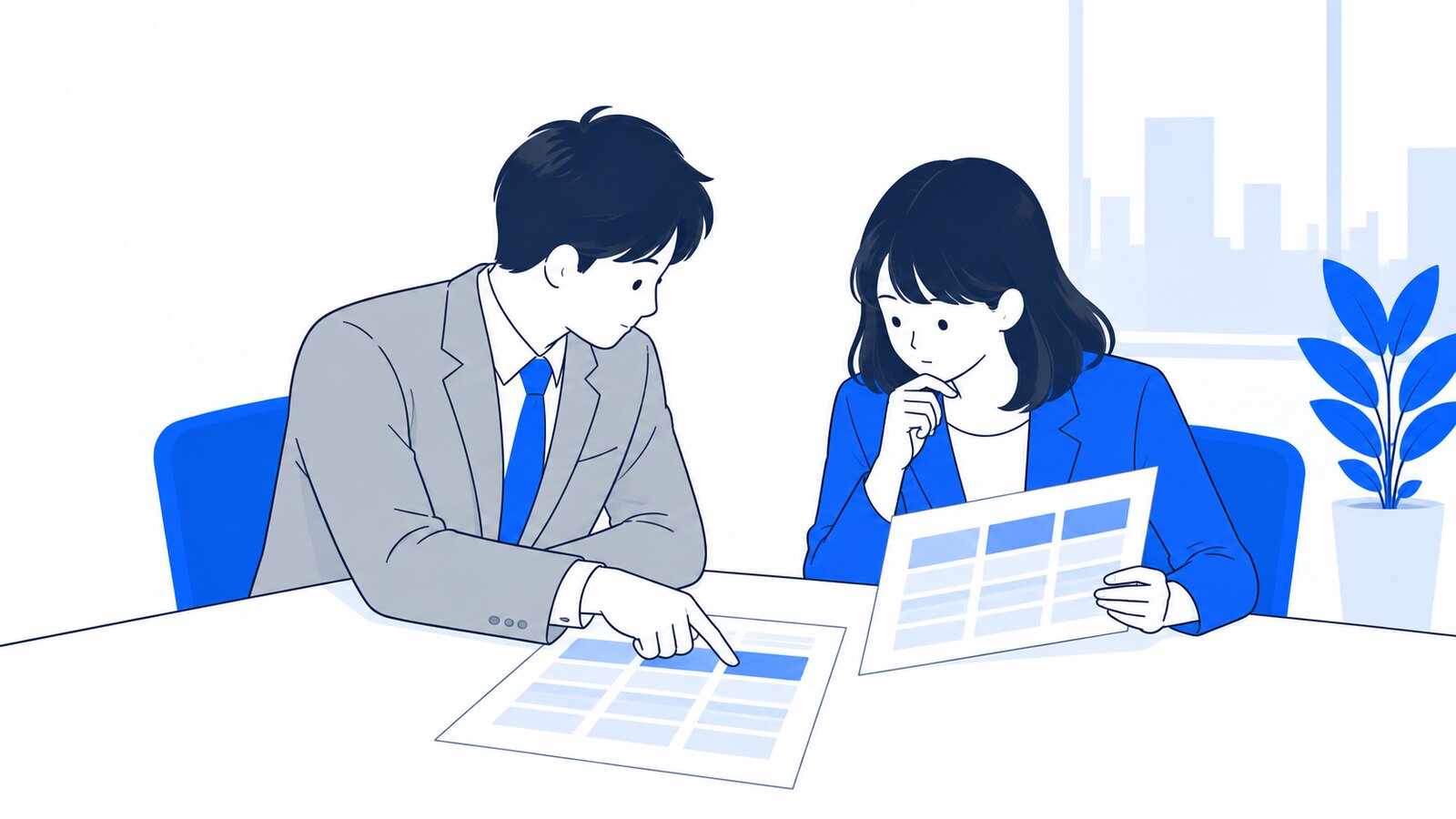 料金プランの資料を見比べながら相談する2人の社員