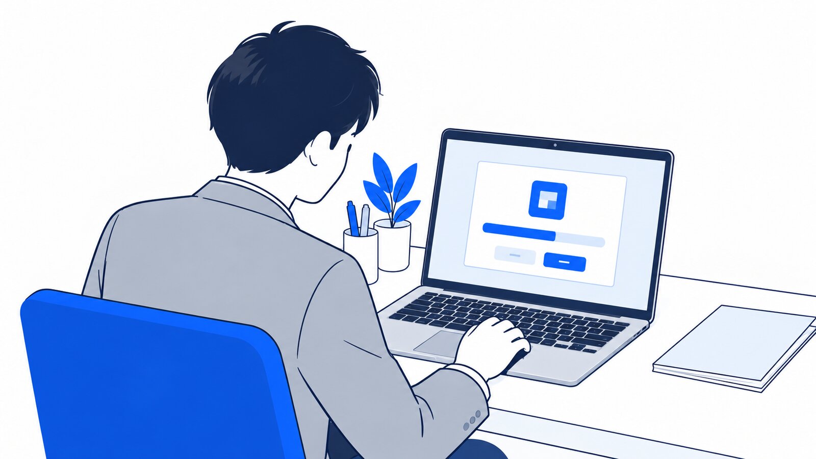 自分のPCでアプリのインストール画面を進める会社員