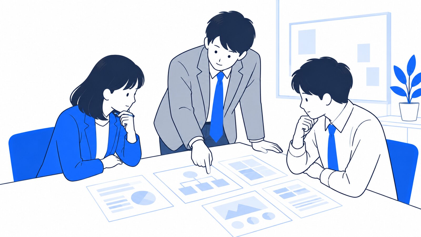 会議室で導入ルールの資料を囲んで話し合う担当者と上司