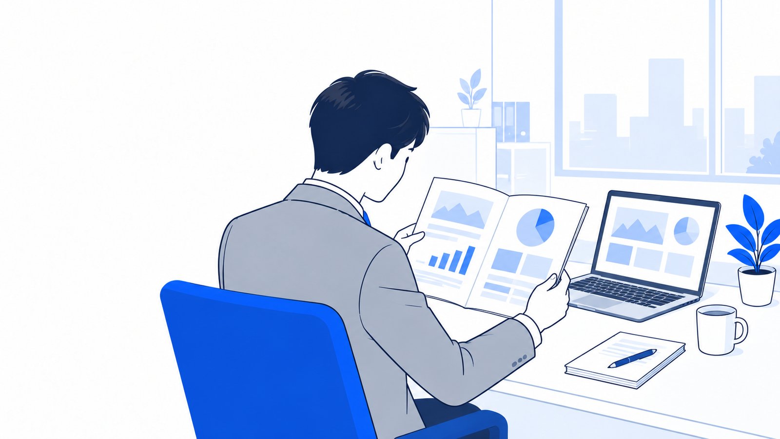 会社の概要資料を机で読む会社員