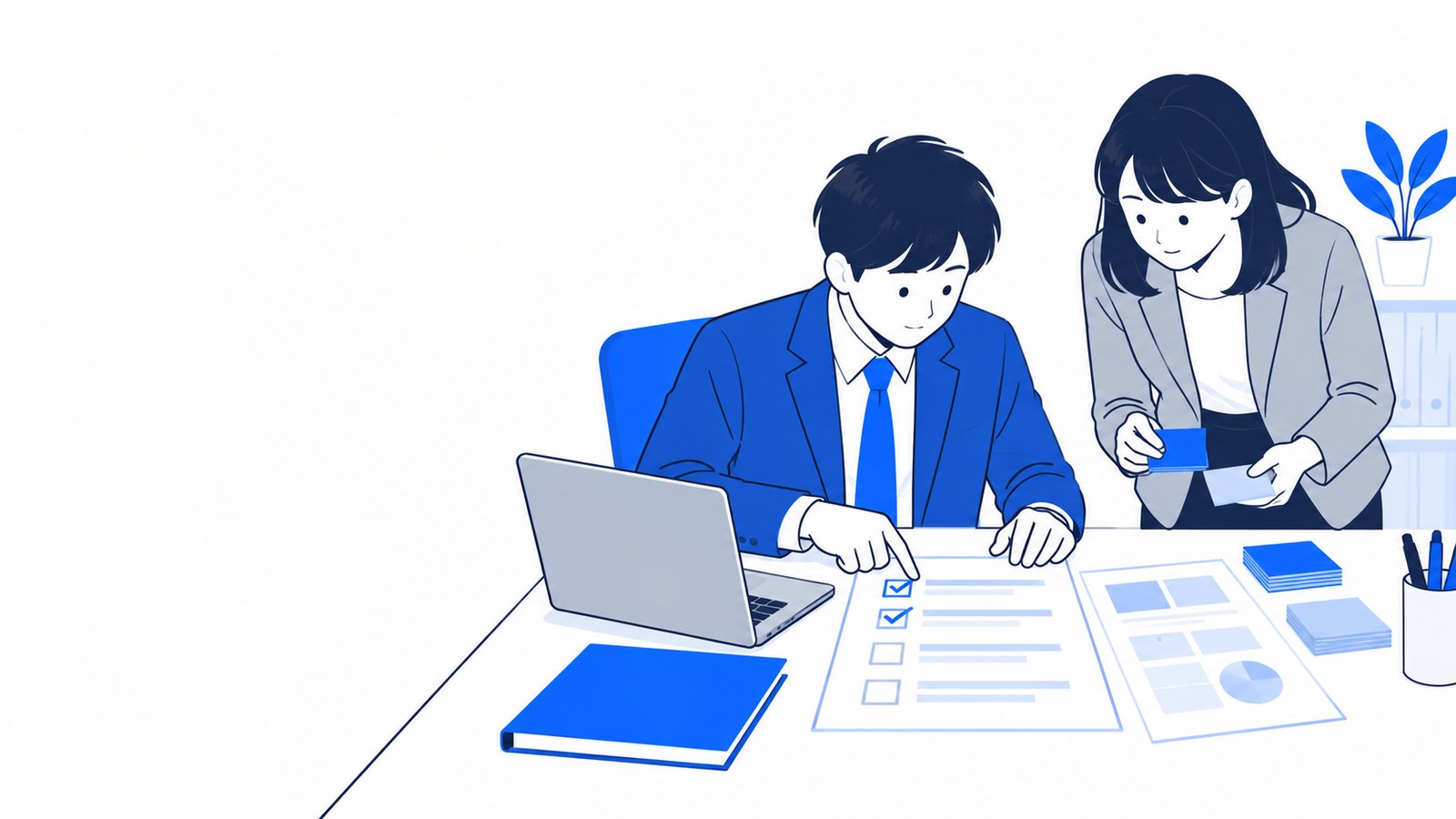 安全方針の文書を見ながら確認事項を整理する会社員
