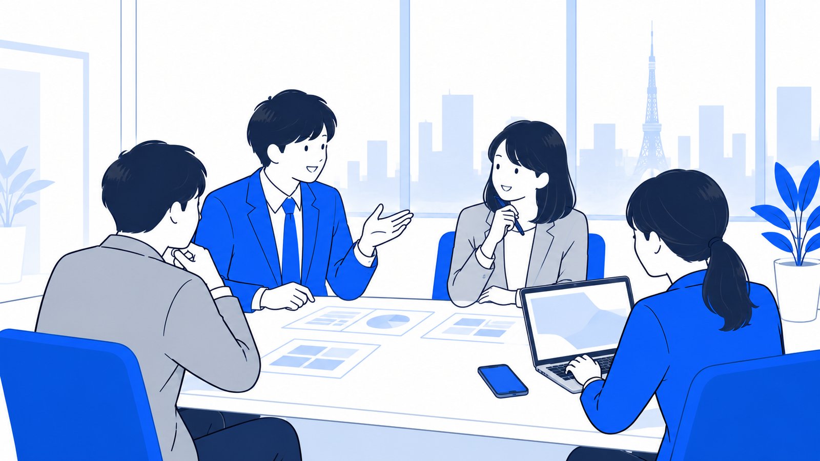 東京のオフィスで打ち合わせをする会社員