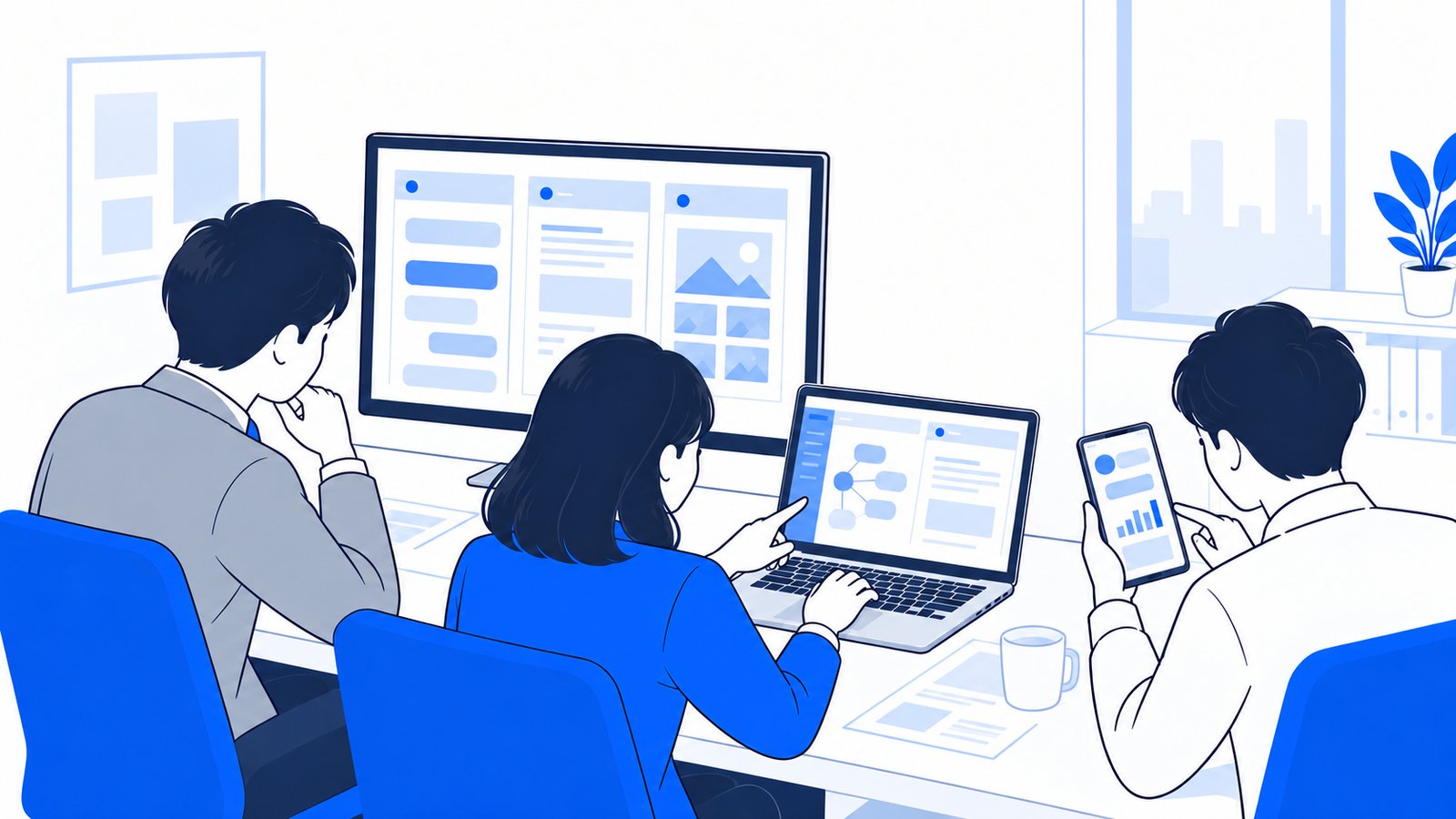 複数のAIアプリの画面を見比べる会社員