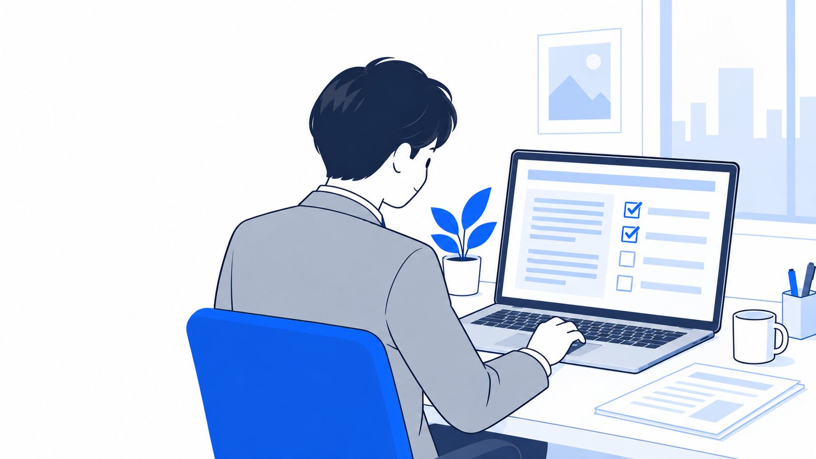 利用規約の画面を見ながら確認項目にチェックを入れる会社員