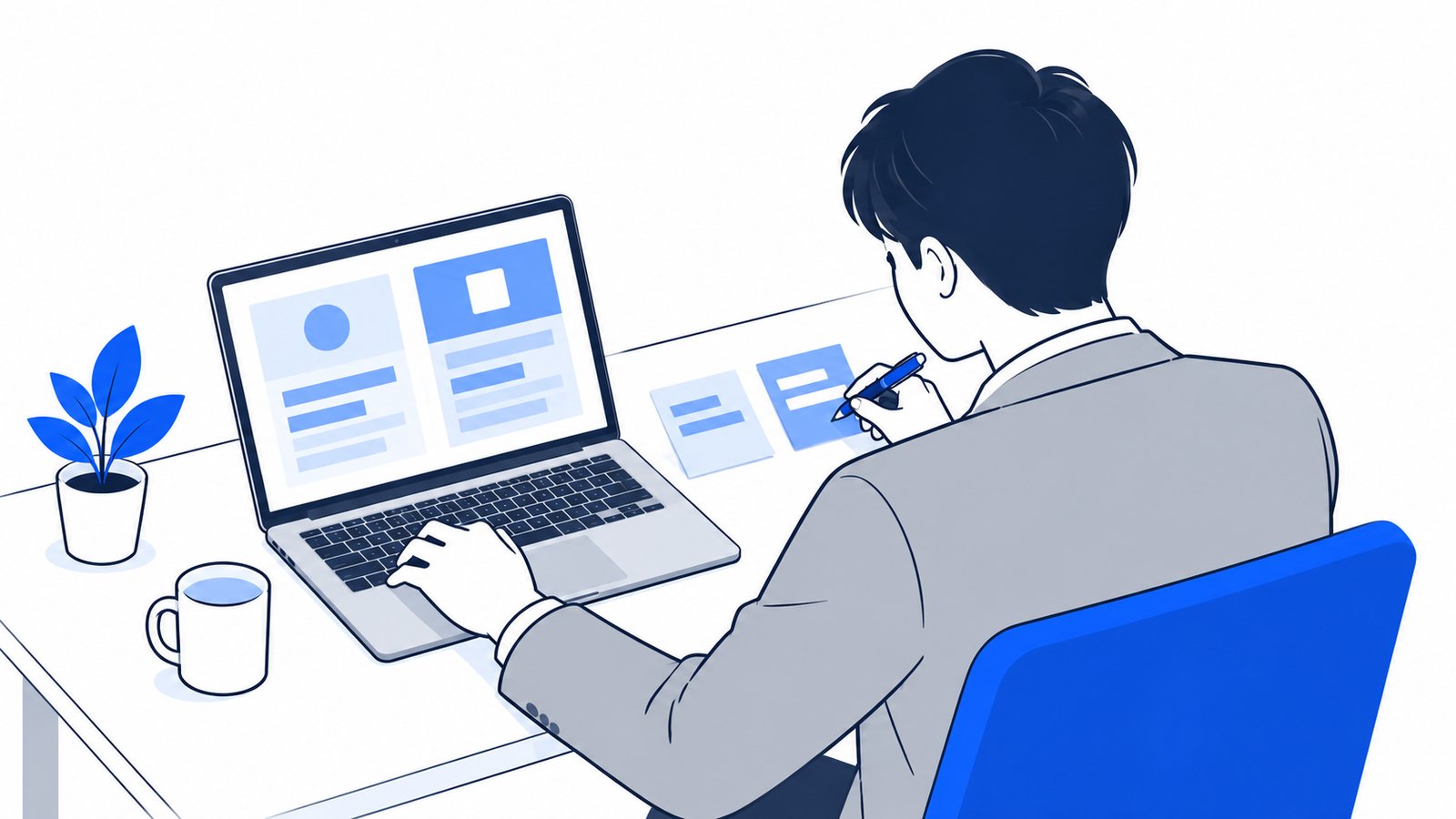 ノートPCの画面を見ながら、2つの道具の役割を付箋に書き出して比べている会社員