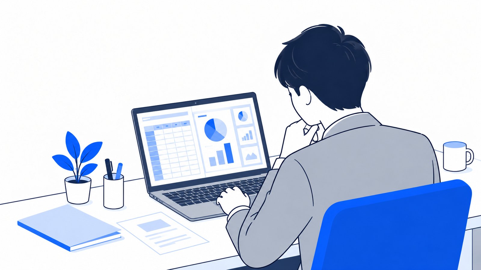 ノートPCで集計表とスライドのできあがりを確認している経理担当者