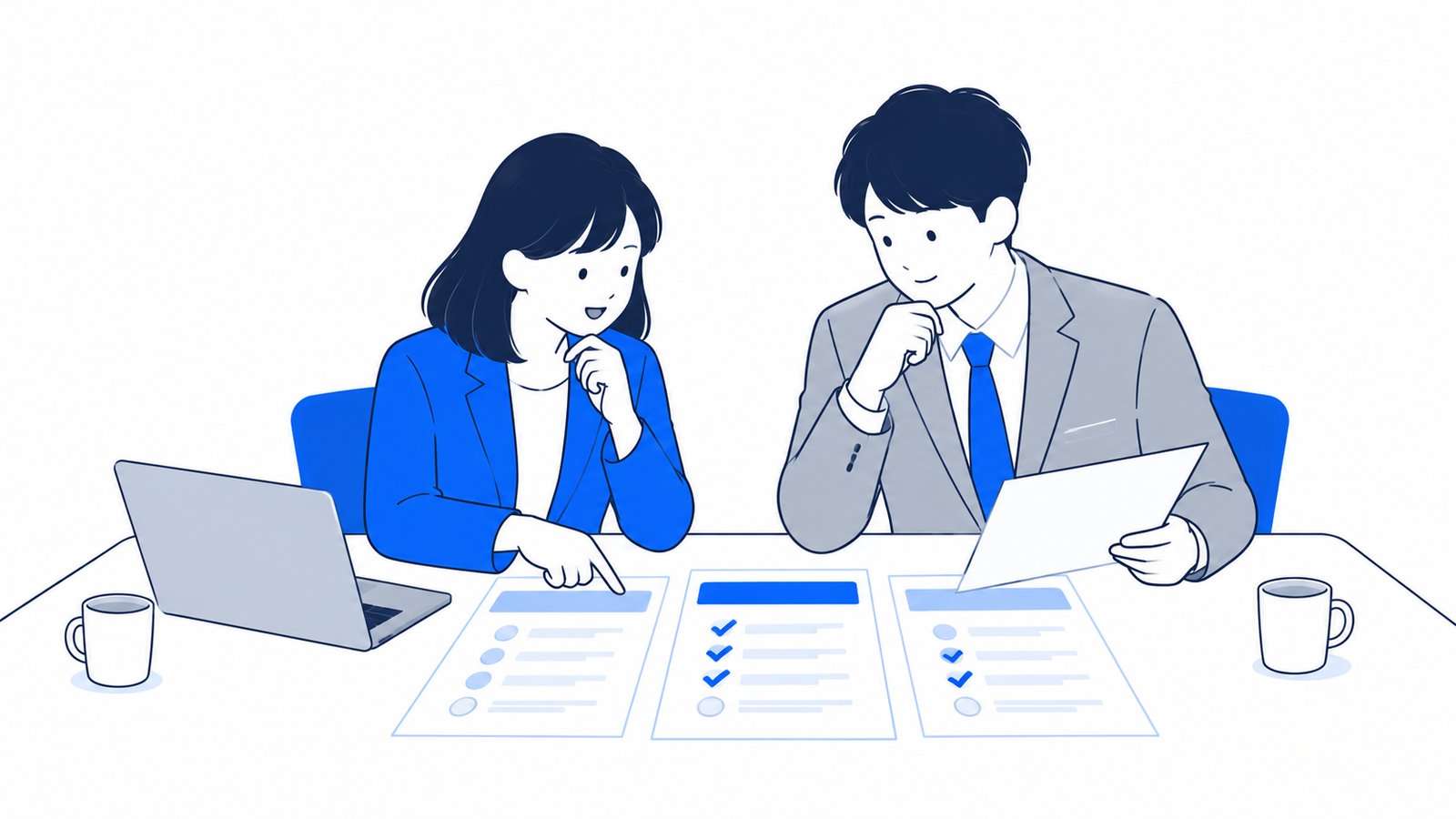 料金プランの資料を見比べて、どのプランにするか相談している2人の社員