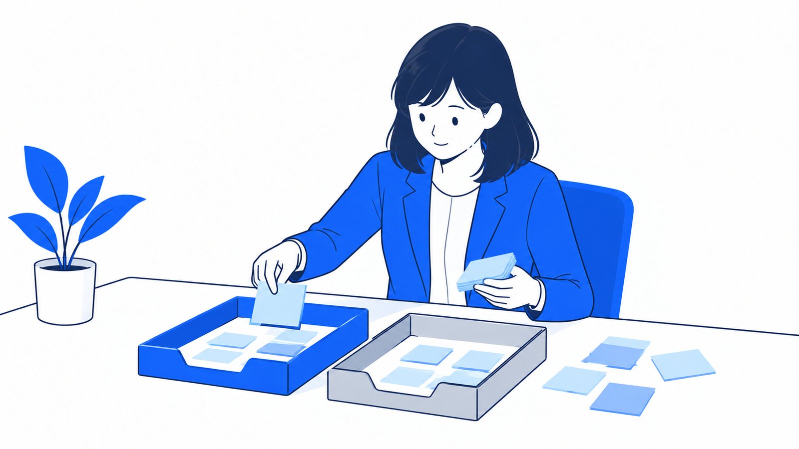 付箋に書いた仕事の内容を、机の上で2つの道具に仕分けしている会社員