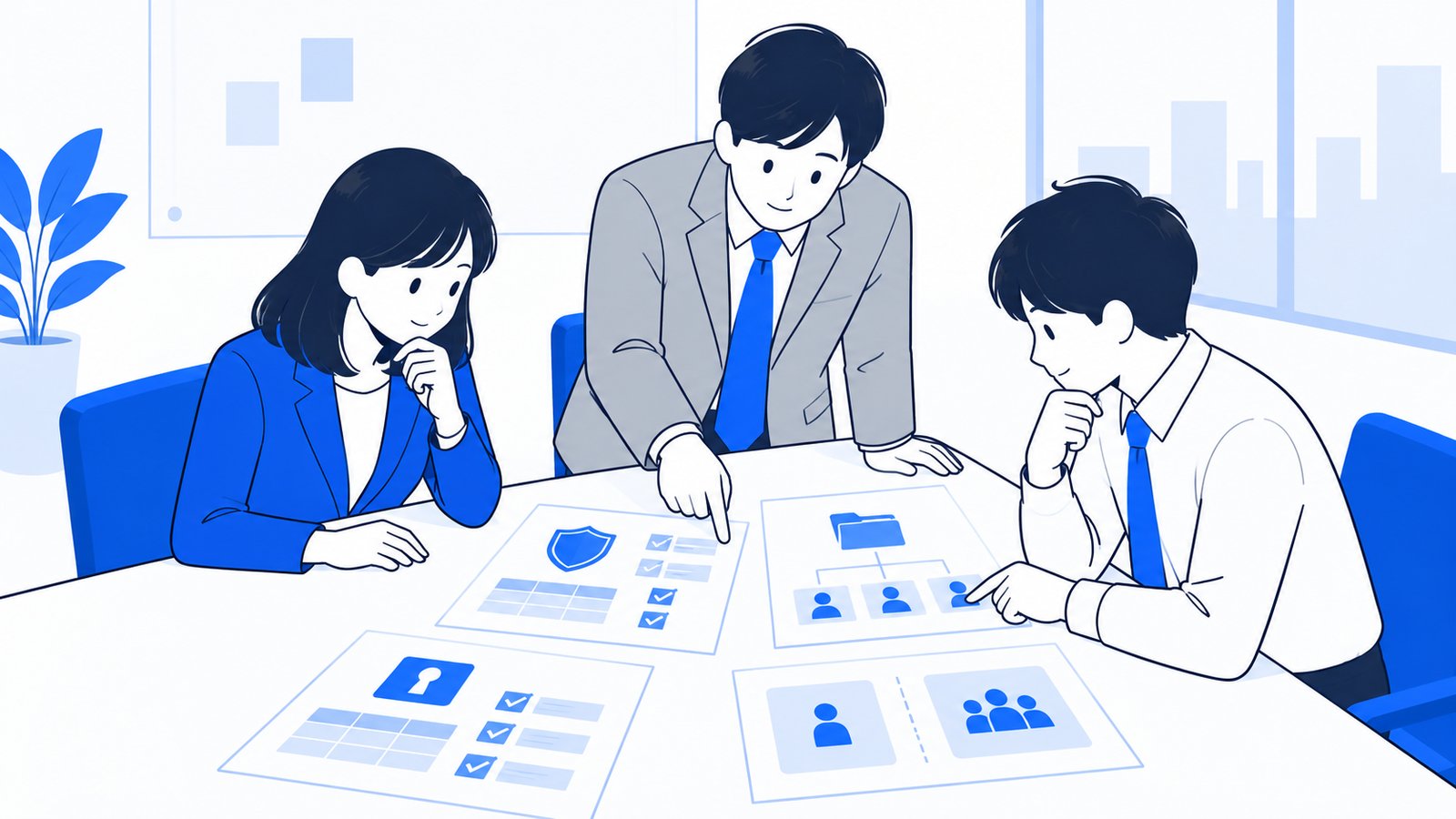 会議室で、権限とデータの扱いのルールの資料を囲んで確認する担当者と上司