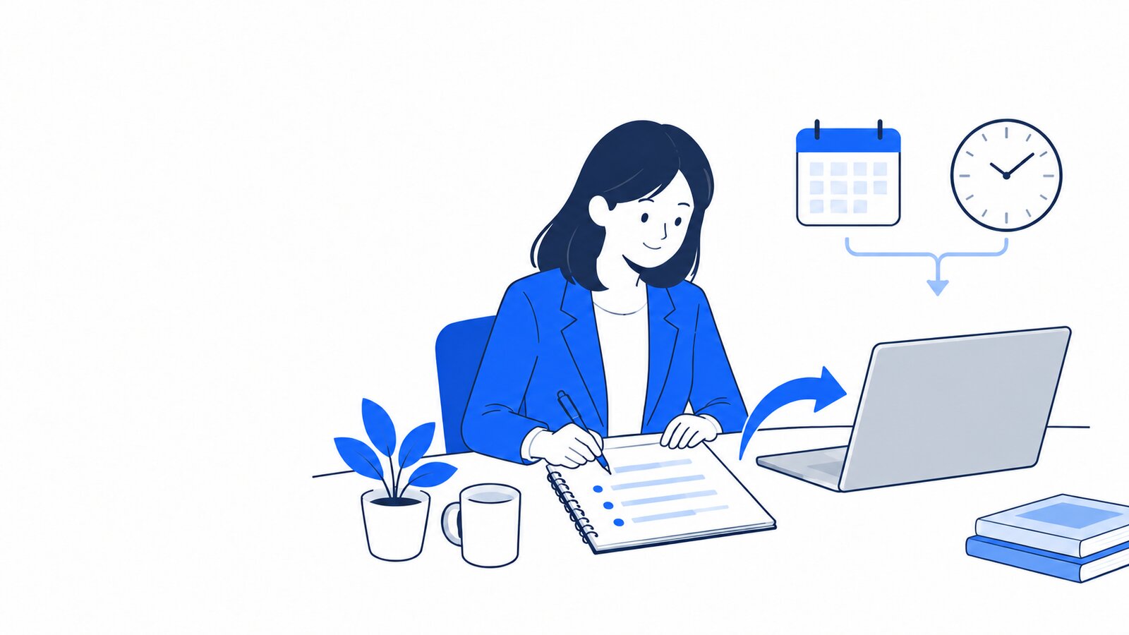 メモに指示を書いてパソコンに伝える会社員と、カレンダーと時計