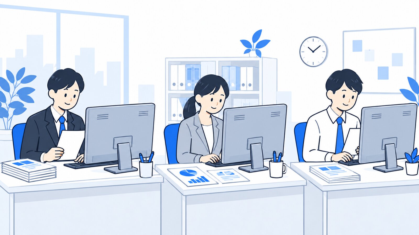 経理・営業・総務の会社員がそれぞれPCで作業している様子