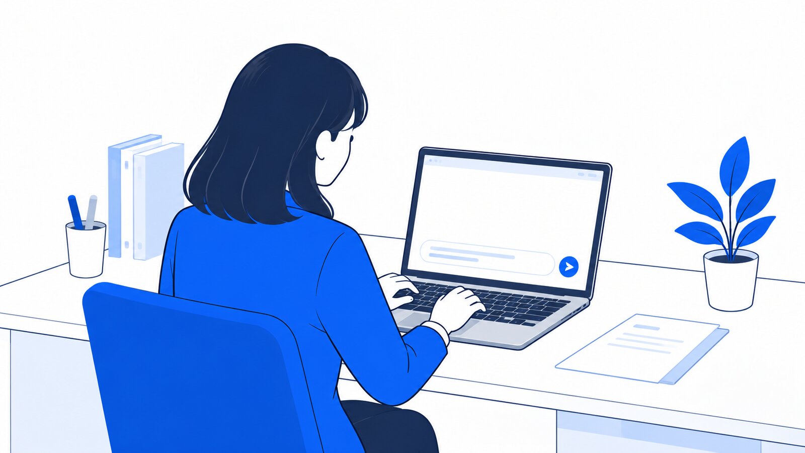 ノートPCでClaudeを開き、メッセージ欄から最初の依頼を書いている人