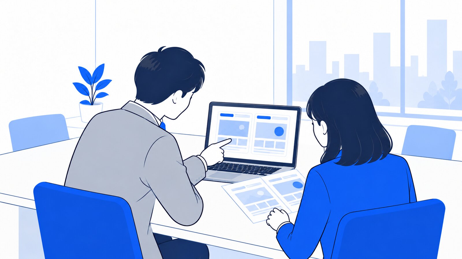 会議室でノートPCを見ながら、上司と担当者がプランを比べて相談している